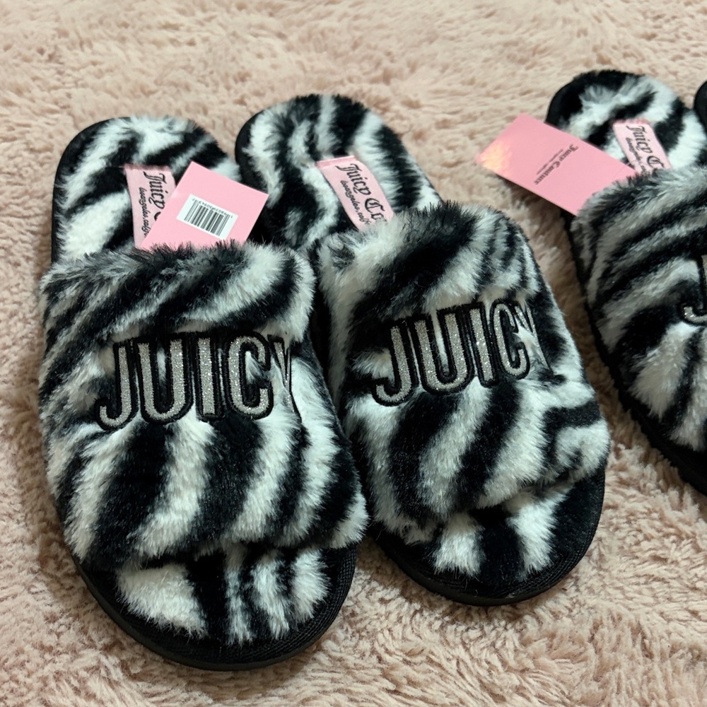 Juicy Couture Black and White Furry Slippers